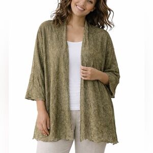 Eileen Fisher Green Crinkle Knit Open Front Cardigan 3/4 Sleeve Size L NEW